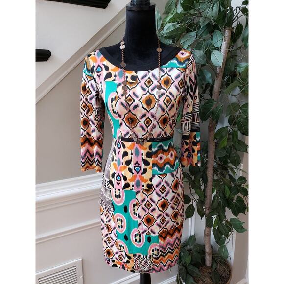 Signature by Robbie Bee Shift Dress Womens M Multi Geo Print Stretch Boat Neck - Picture 1 of 12